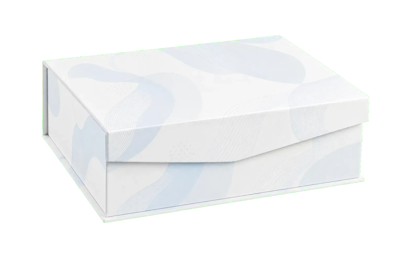 Magnetic closure rigid box closed front three-quarter view with premium wrapped rigid board