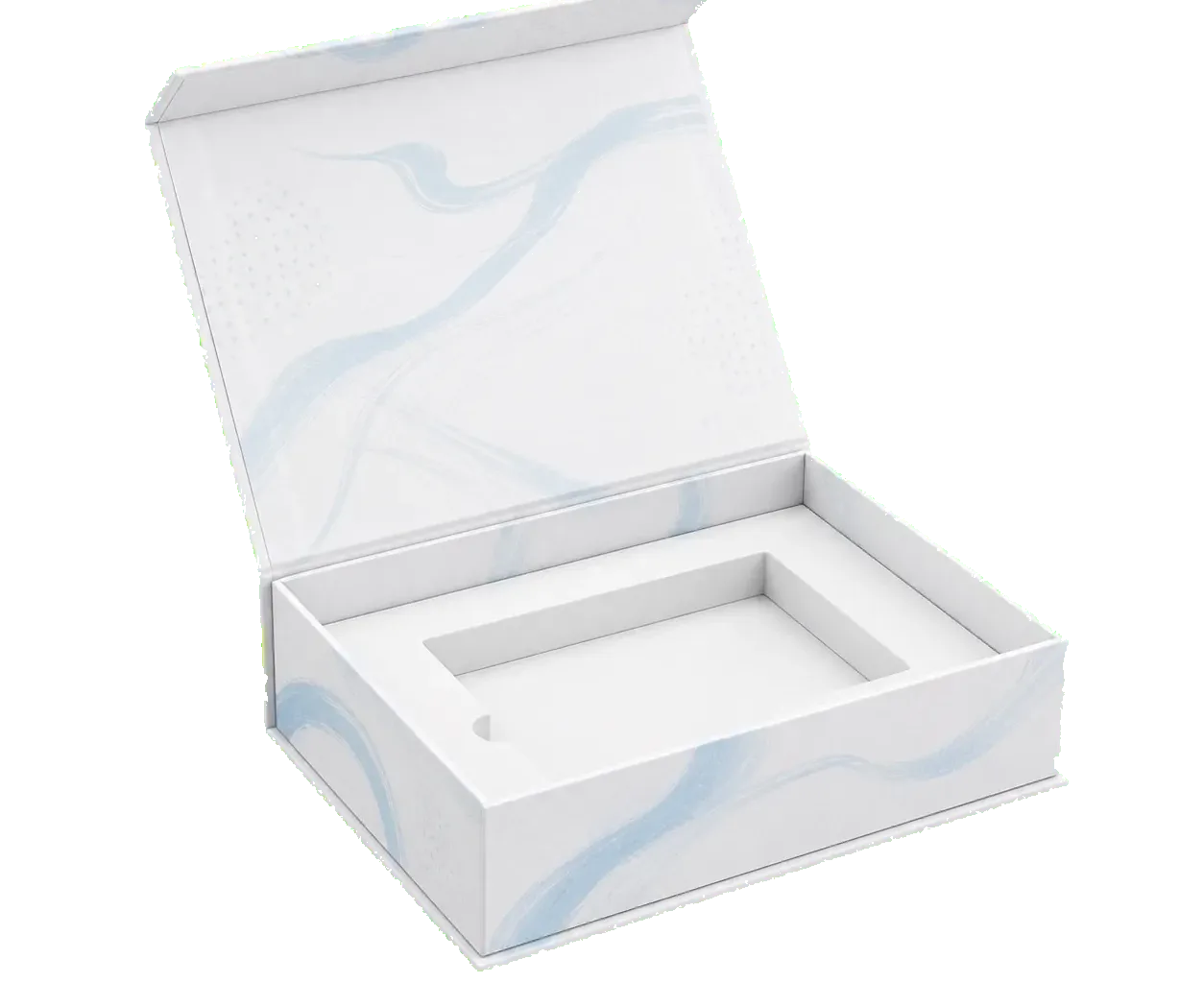 Magnetic closure rigid box open view showing the lid, interior, and product presentation area