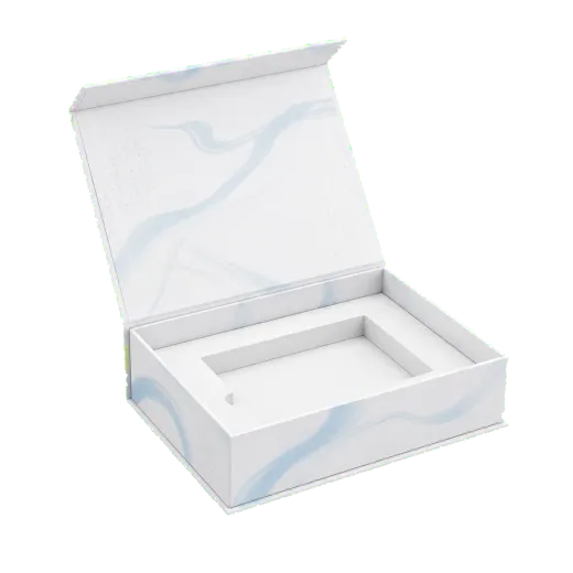 Magnetic closure rigid box open view showing the lid, interior, and product presentation area