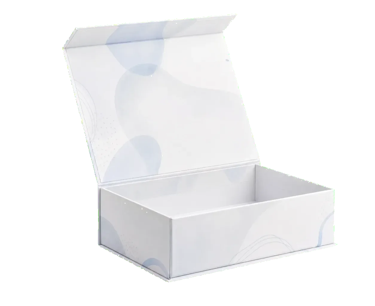 Magnetic closure rigid box side view showing rigid board depth and wrapped paper edges