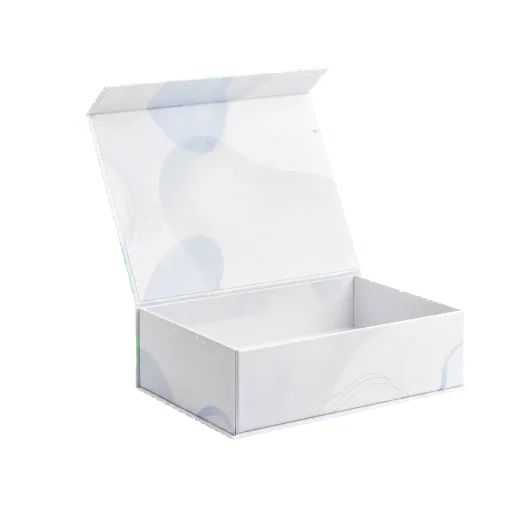 Magnetic closure rigid box side view showing rigid board depth and wrapped paper edges
