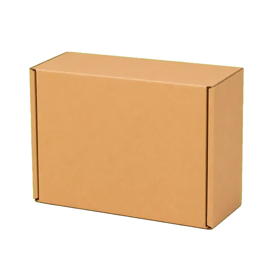 Custom mailer boxes closed front three-quarter view showing printed corrugated board and ecommerce shipping form