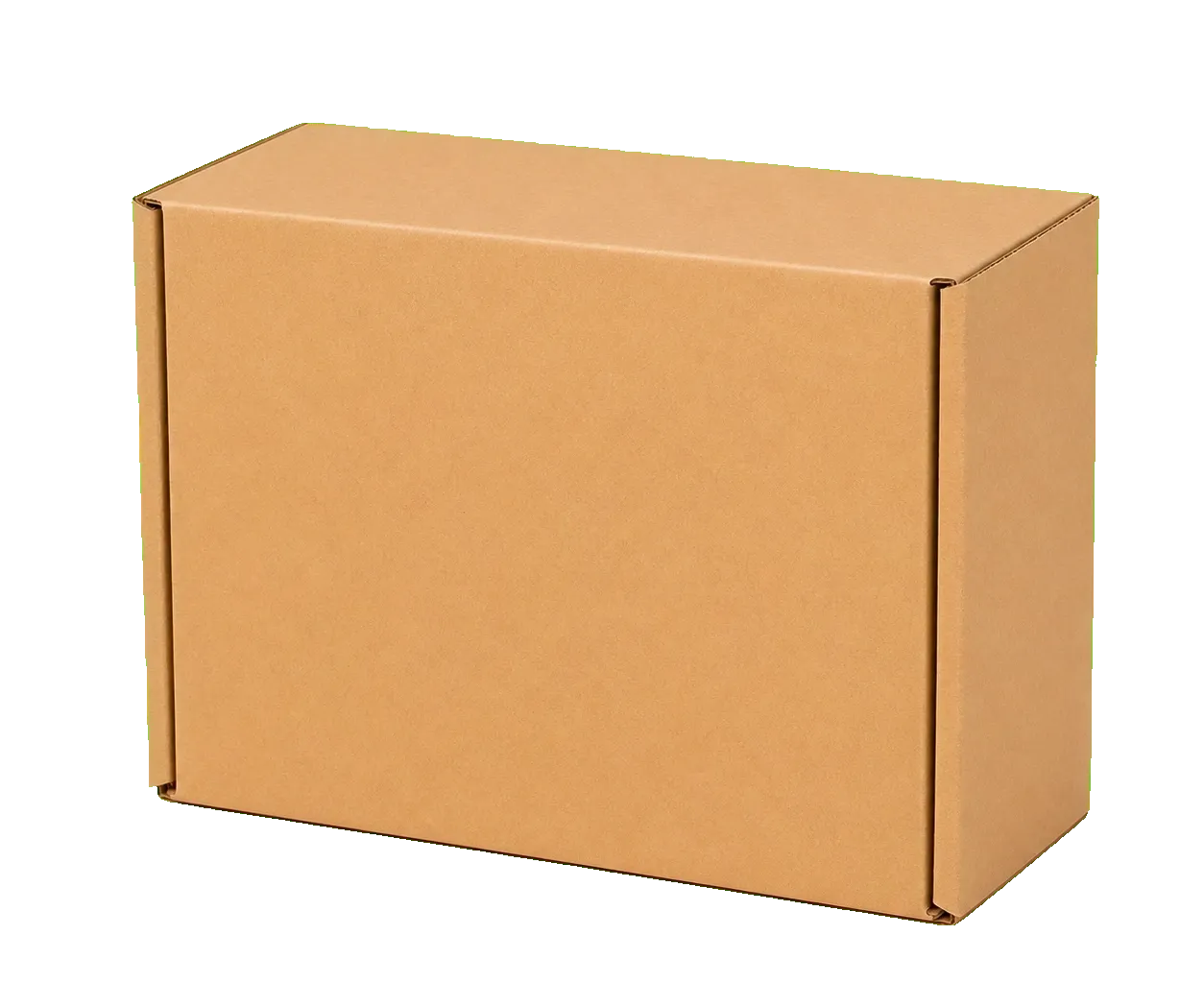 Custom mailer boxes closed front three-quarter view showing printed corrugated board and ecommerce shipping form