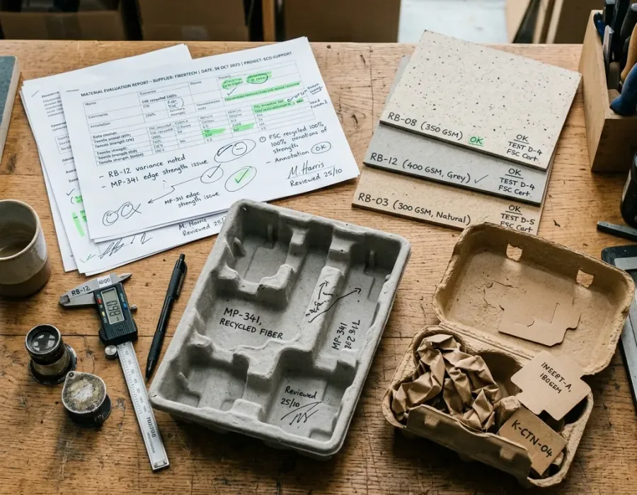 Recycled paperboard and molded pulp samples for sustainable packaging support