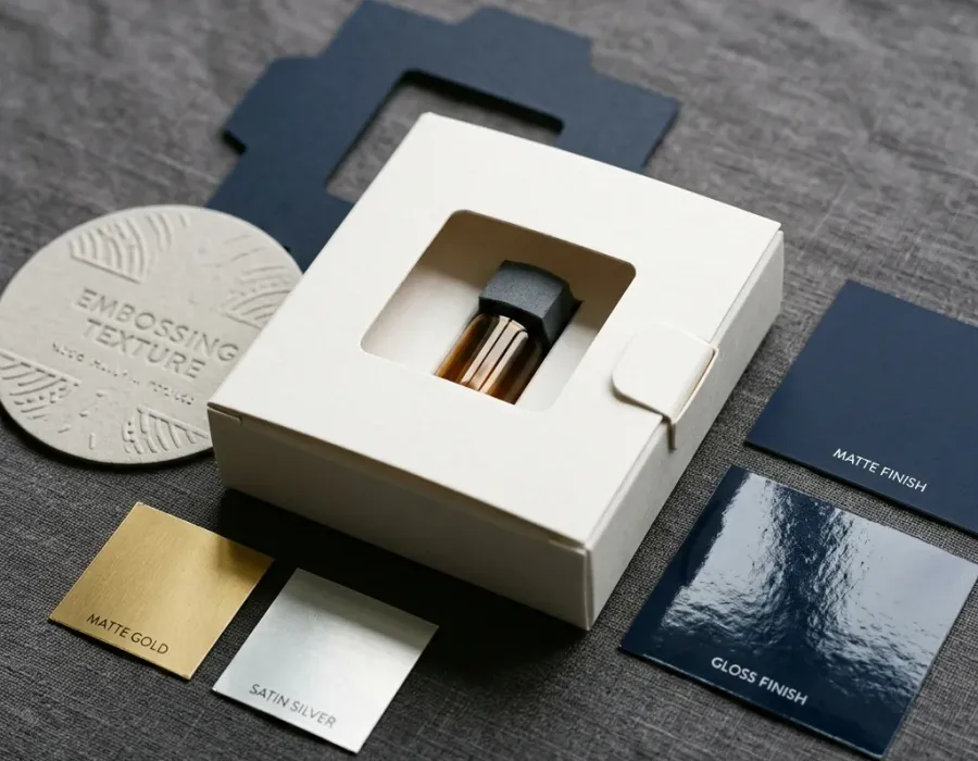 Custom paper box window detail with packaging material samples