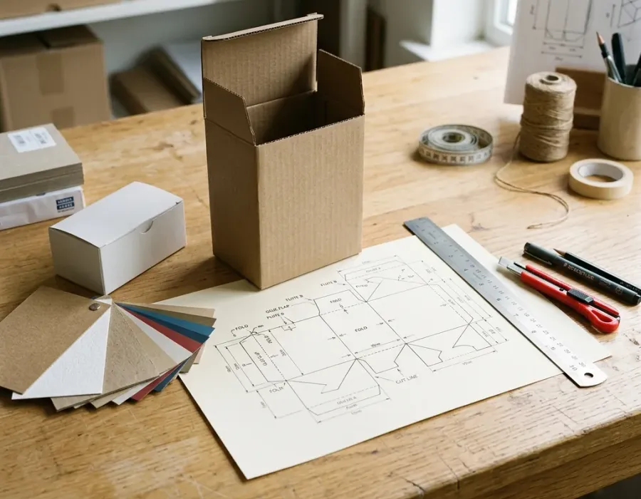 Packaging design workspace with blank carton prototypes and dieline samples