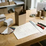 Packaging service planning workspace with carton prototypes and dieline samples
