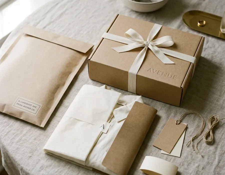 Apparel packaging samples with mailer, sleeve, tissue wrap, and hang tag