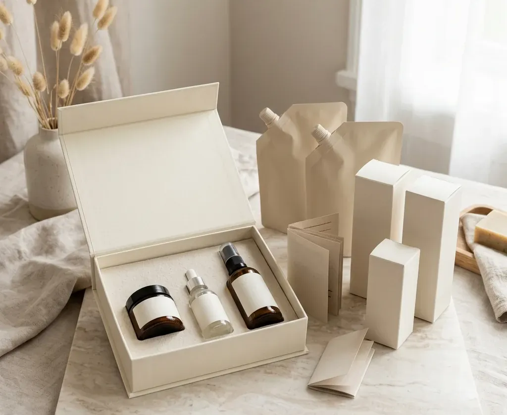 Cosmetics and skincare packaging samples with paper boxes and inserts
