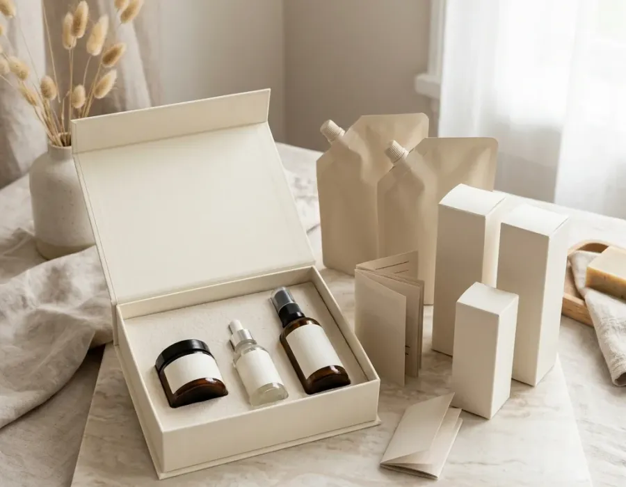 Cosmetics and skincare packaging samples with paper boxes and inserts