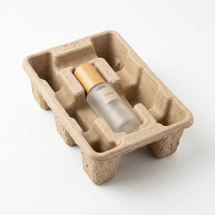 Molded pulp packaging tray holding products as a plastic replacement insert