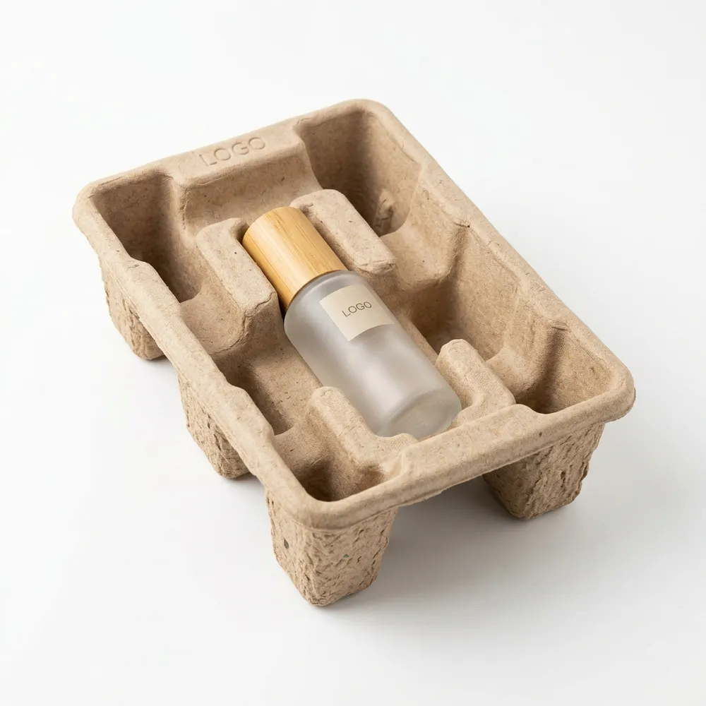 Molded pulp packaging tray holding products as a plastic replacement insert