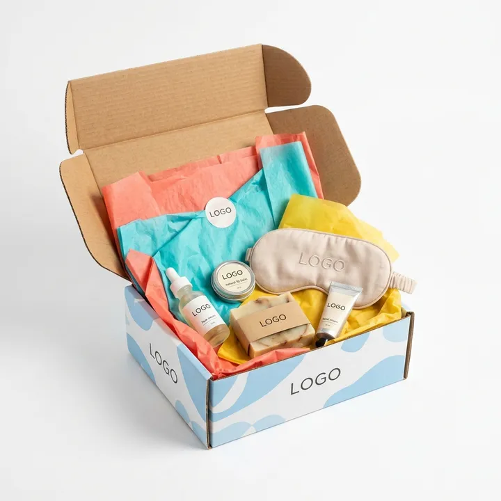 Open subscription mailer box filled with branded skincare, wellness, and tissue wrapped products