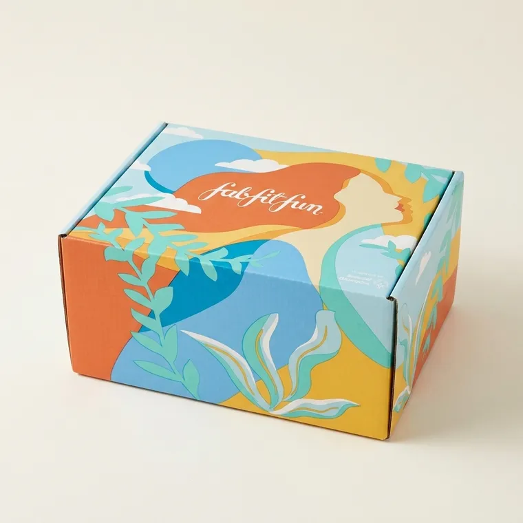 Closed custom monthly subscription mailer box with bright full-color illustrated exterior artwork