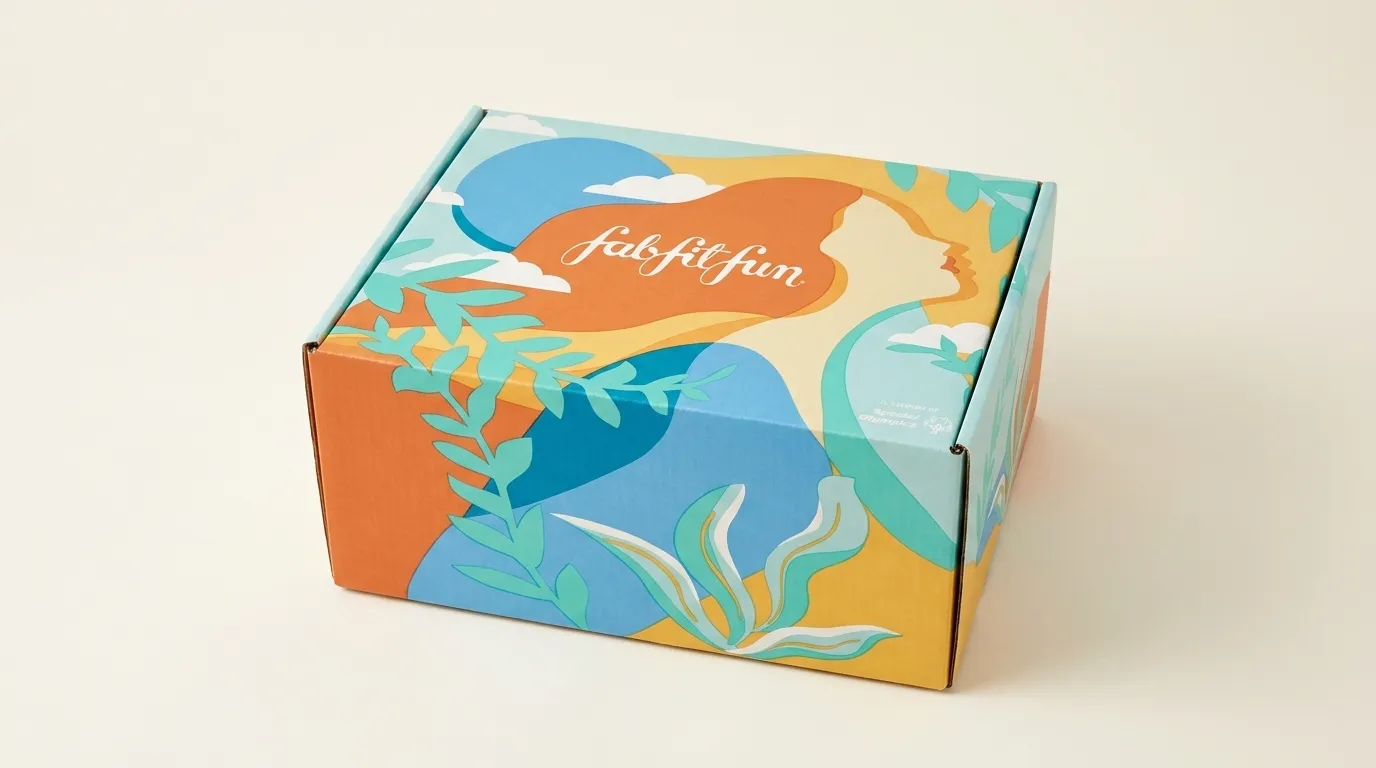 Wide studio view of a closed custom monthly subscription box with full-color illustrated print