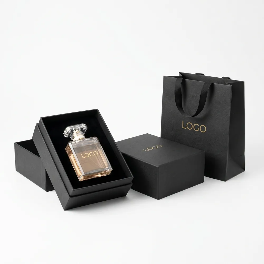Black rigid perfume gift box with fitted bottle insert and matching paper shopping bag