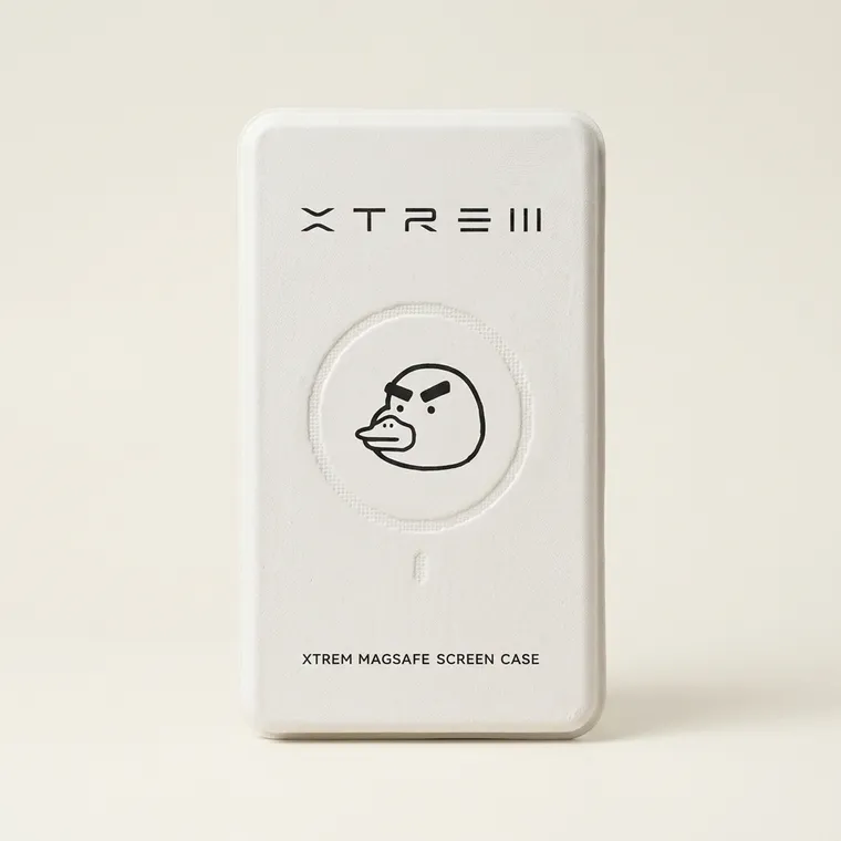 Closed white molded pulp phone case box with black single-color artwork and molded relief