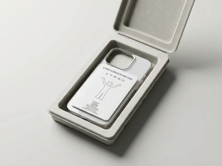 Open molded pulp box holding a clear phone case and paper instruction card
