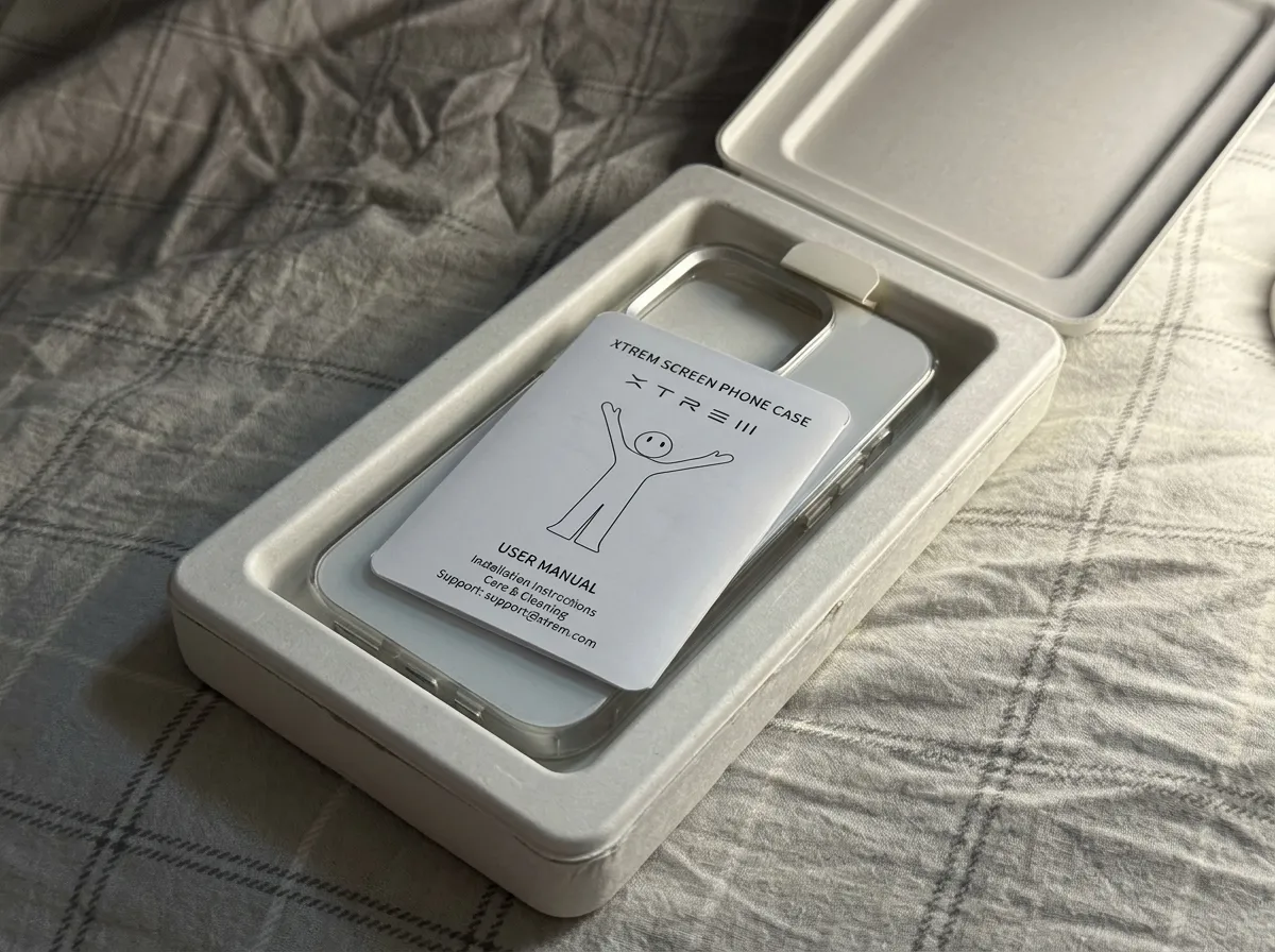 Open molded pulp phone case box showing the hinged lid and fitted phone case