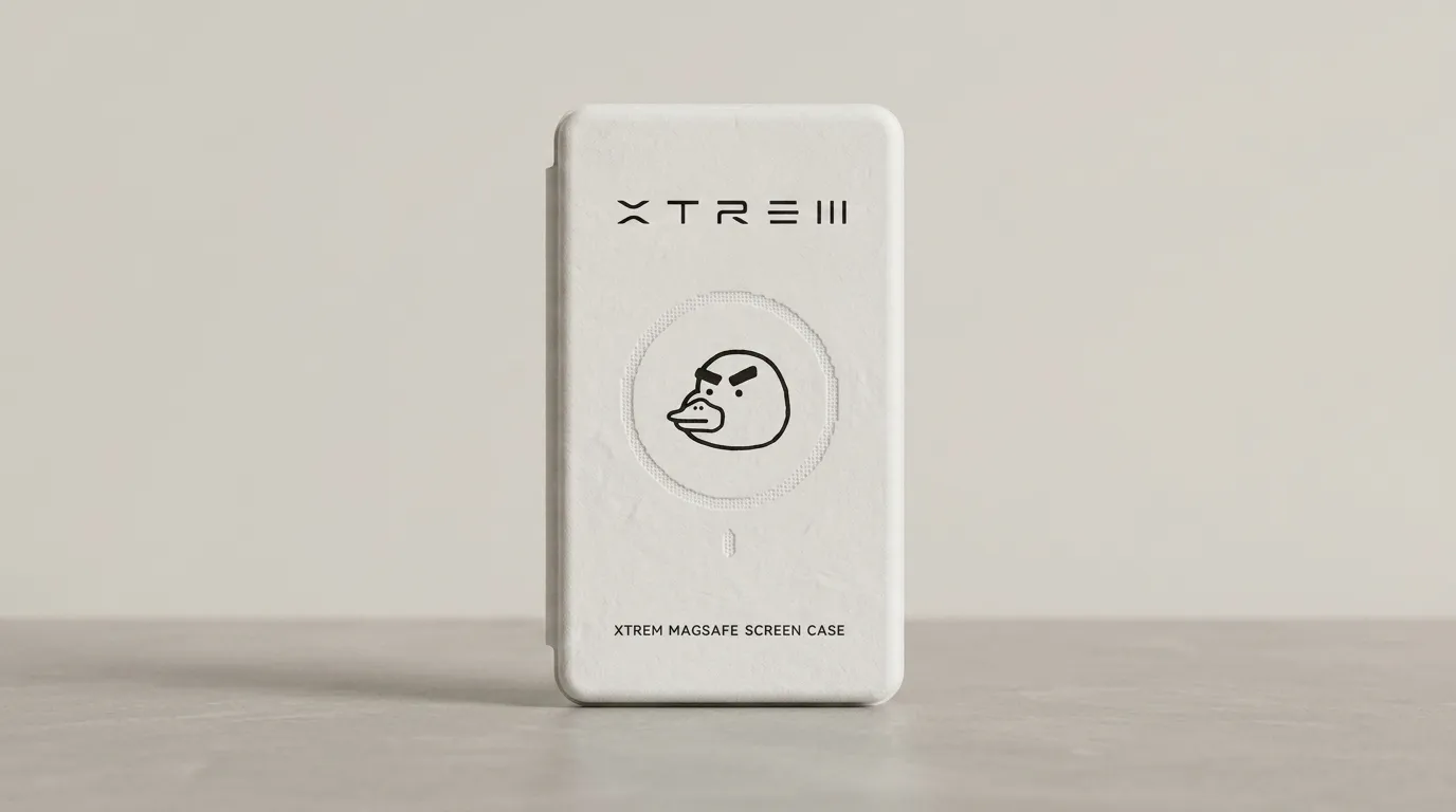 Closed white molded pulp phone case box centered on a neutral studio surface