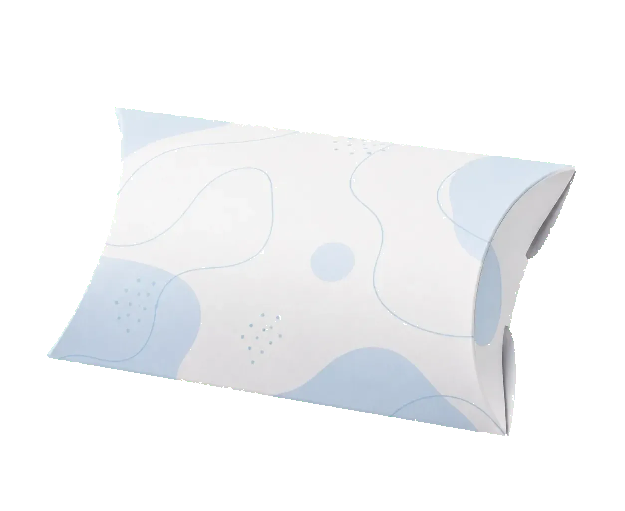 Pillow box closed front three-quarter view with clean printed paperboard panels