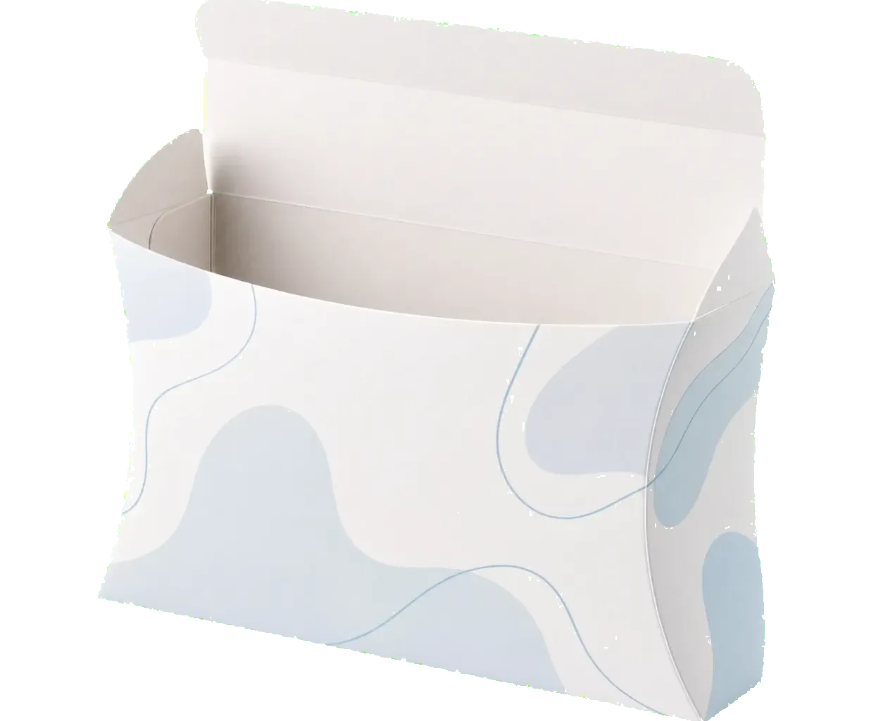 Pillow box open view showing tuck flaps and inner paperboard structure