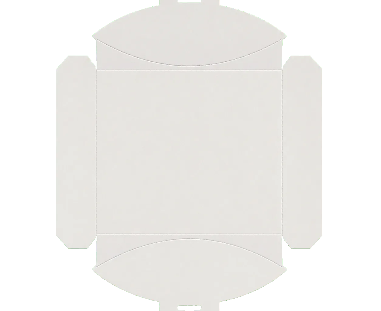 Pillow box unfolded carton blank with connected panels, flaps, and crease lines
