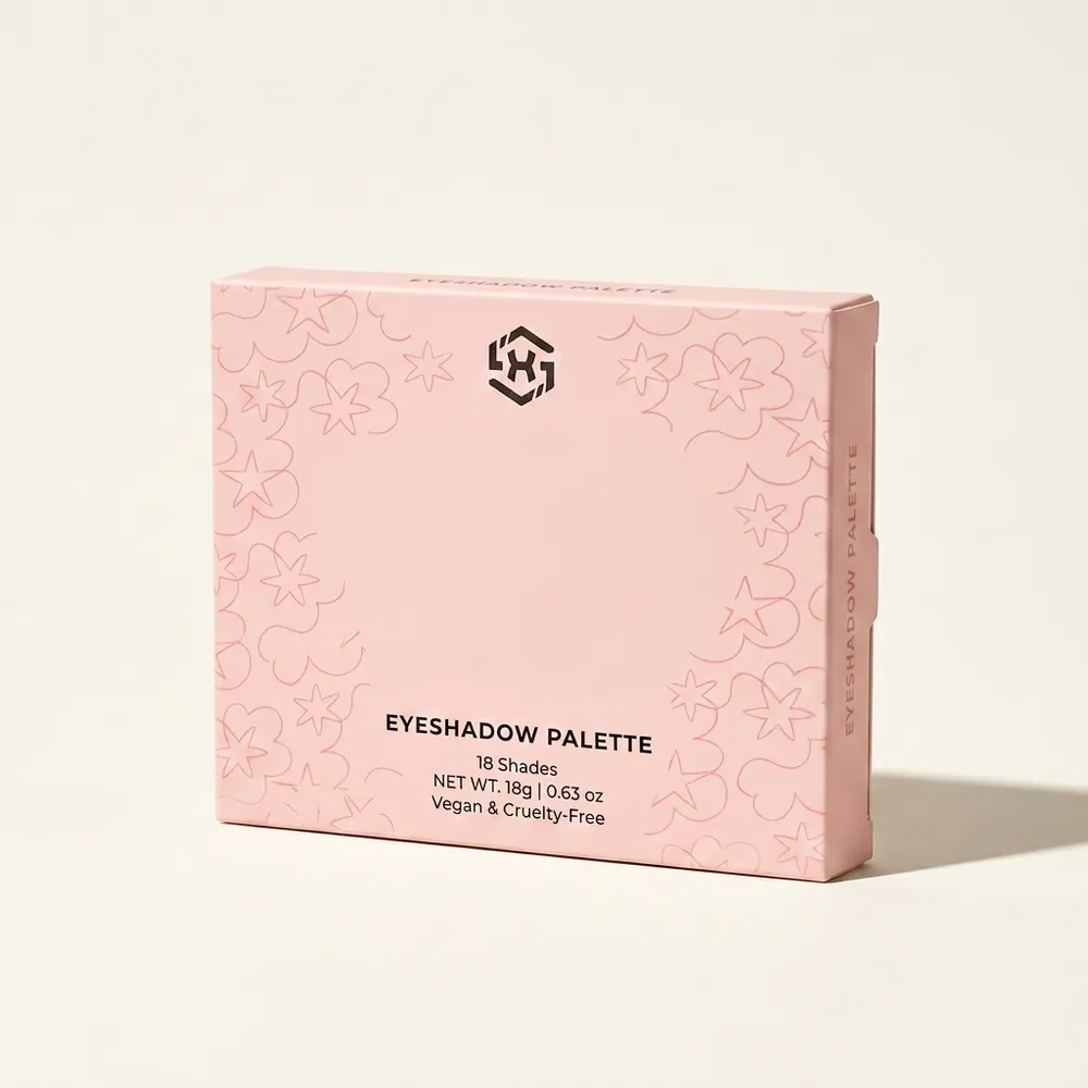 Custom eyeshadow palette boxes in pink matte SBS with a shallow rectangular profile