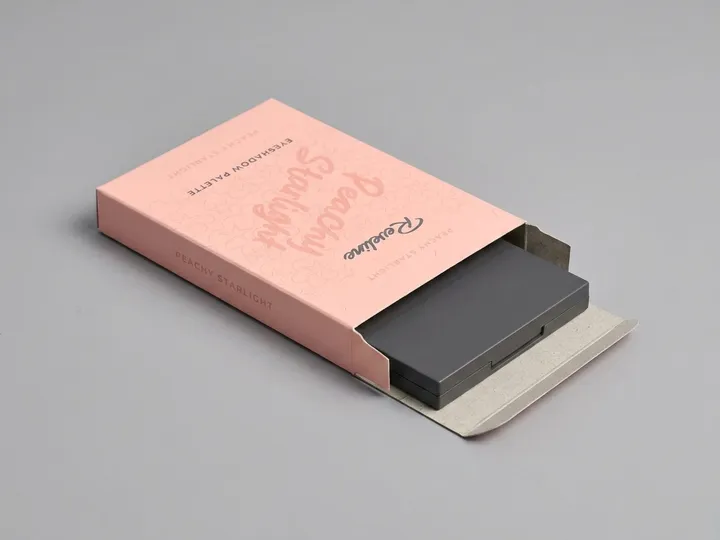 Closed makeup palette sliding into a shallow pink folding carton without an insert