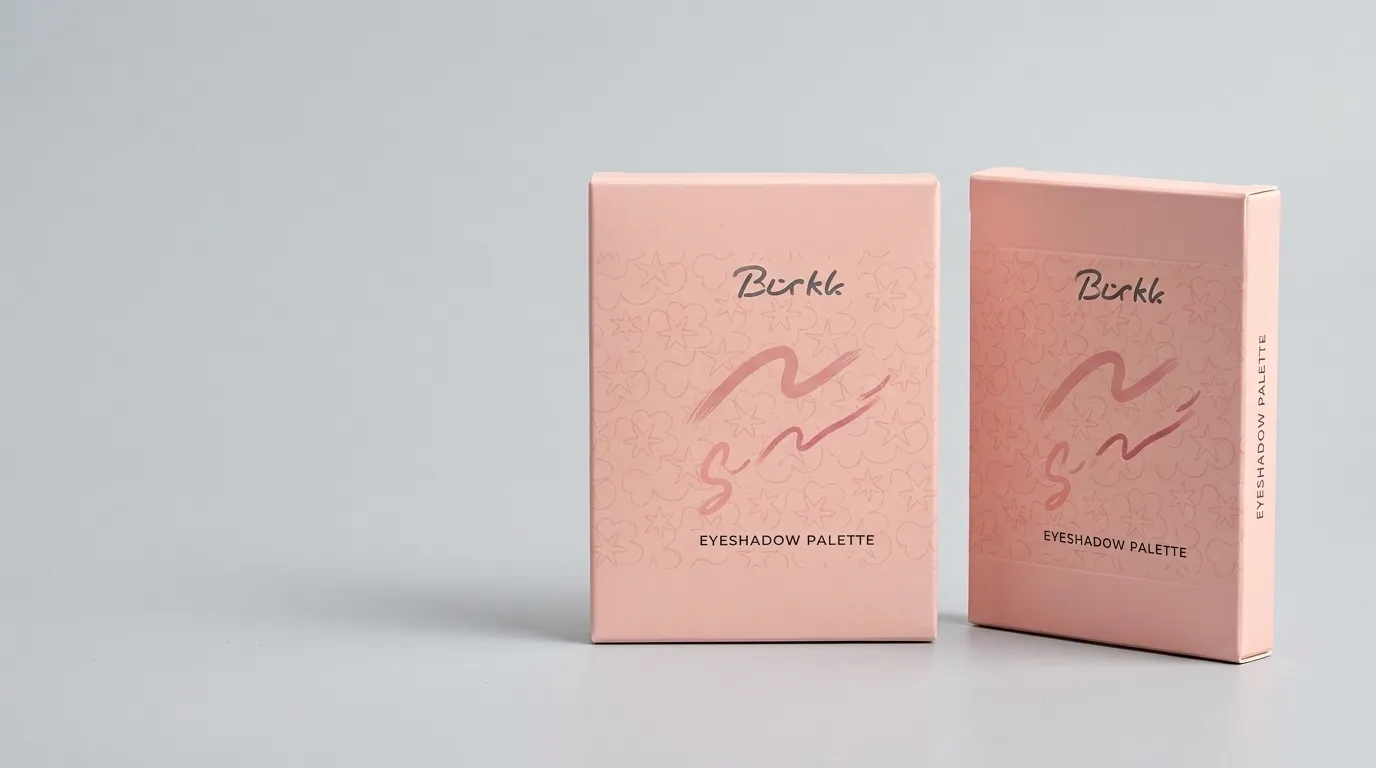 Two pink matte eyeshadow palette boxes shown from front and three-quarter angles