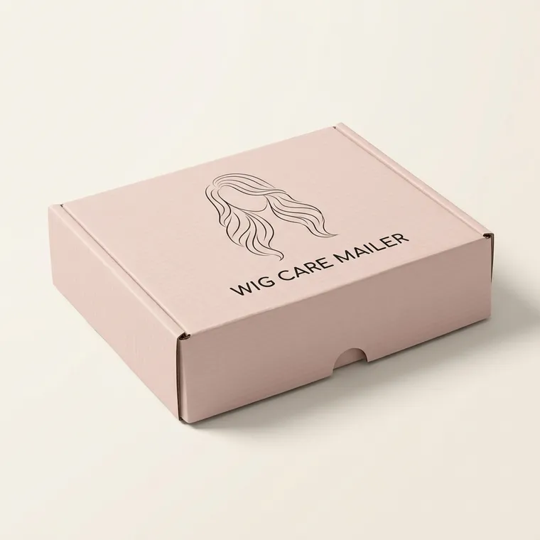 Closed pink custom wig mailer box with black hair illustration and a shallow paperboard profile