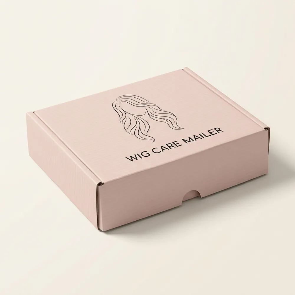 Closed pink custom wig mailer box made from printed paperboard with black hair illustration and front tuck closure