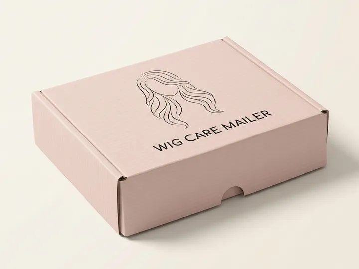 Closed pink custom wig mailer box made from printed paperboard with black hair illustration and front tuck closure