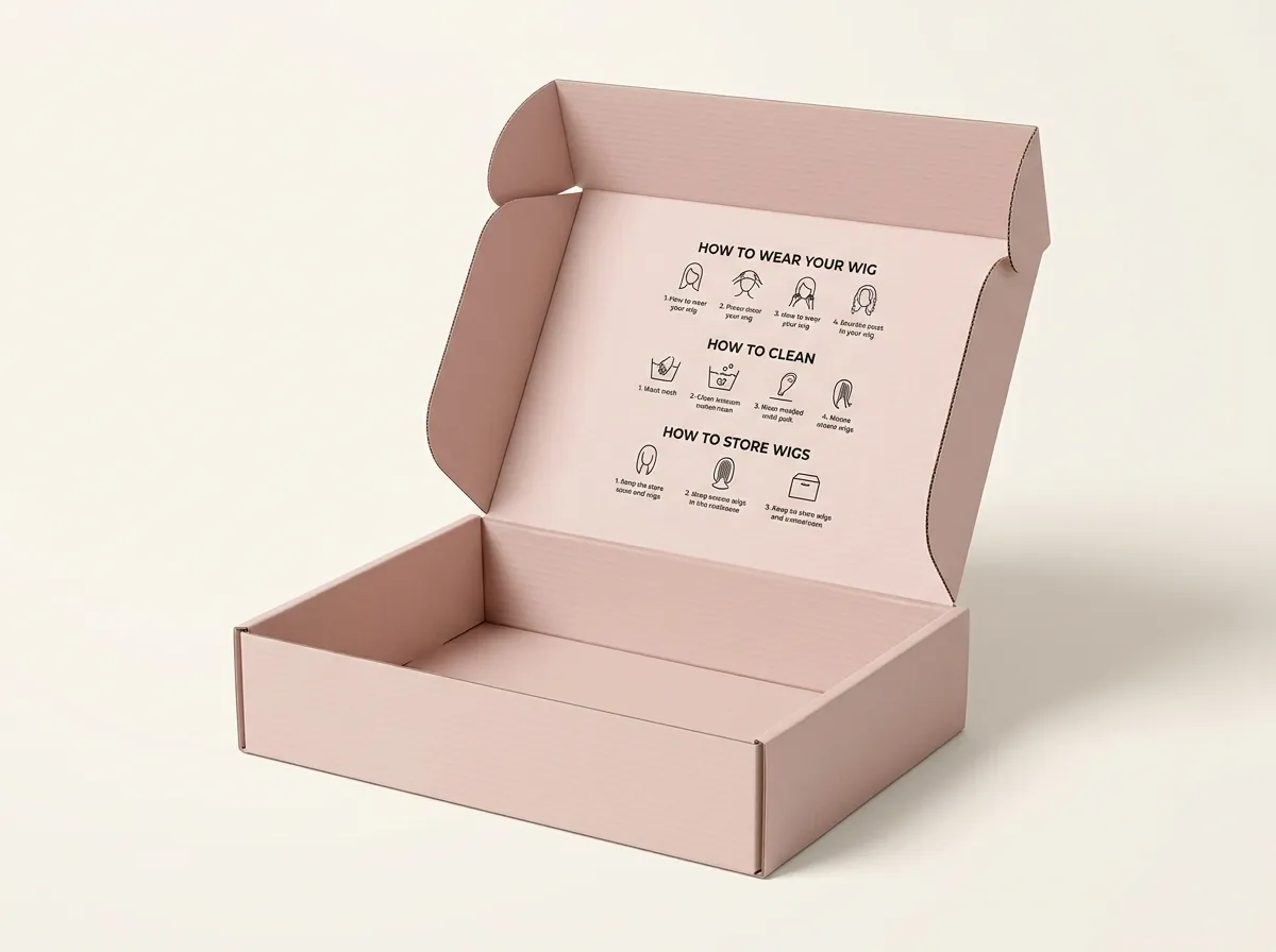 Open pink paperboard wig mailer box showing its hinged lid, side flaps, base, and printed wig care instructions