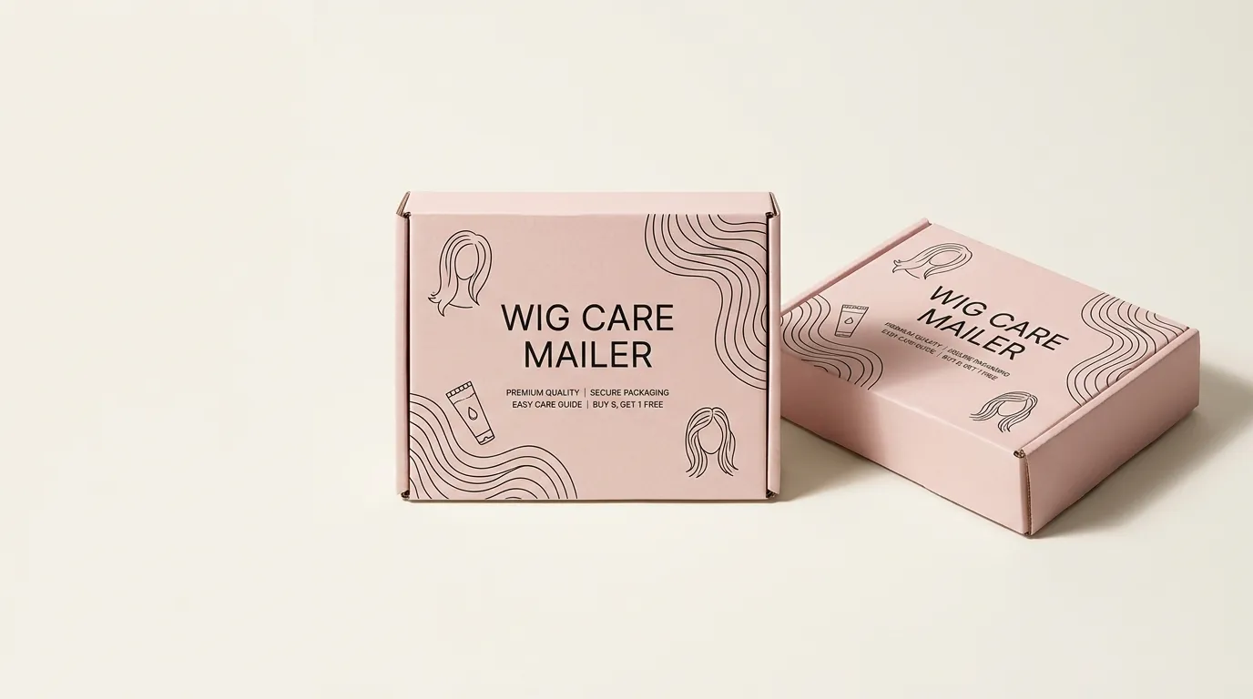 Two closed custom wig mailer boxes showing the pink printed lid, shallow profile, and folded side construction