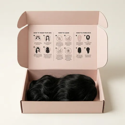 Black wavy wig fitted inside an open pink custom wig mailer box with printed care instructions in the lid
