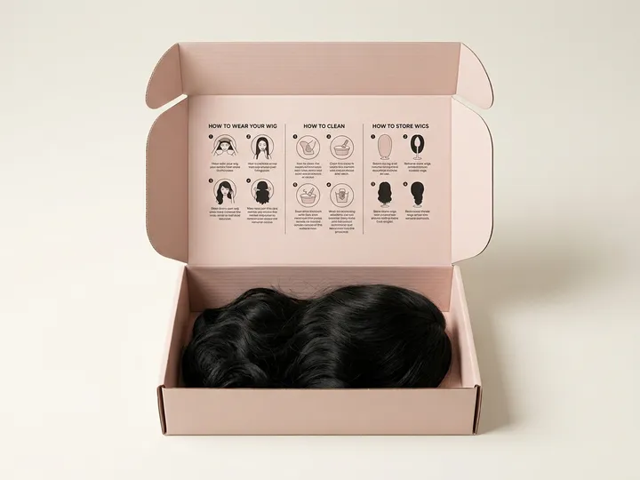 Black wavy wig fitted inside an open pink custom wig mailer box with printed care instructions in the lid