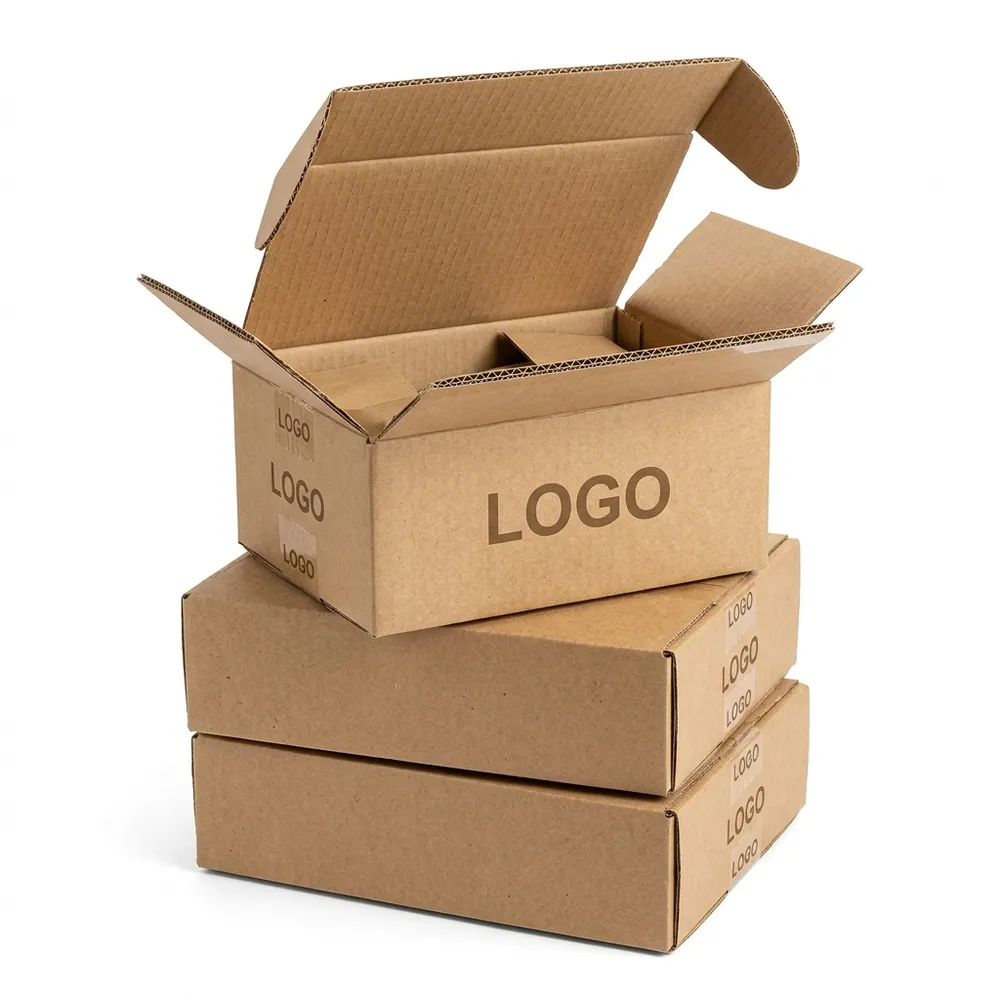 Recycled corrugated shipping boxes and kraft ecommerce mailers arranged for eco packaging