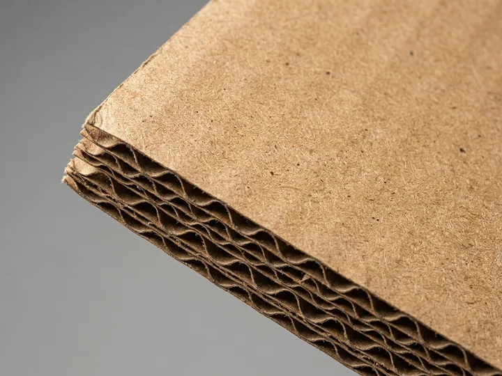 Macro detail of recycled kraft liner and corrugated flute edge with visible fiber specks