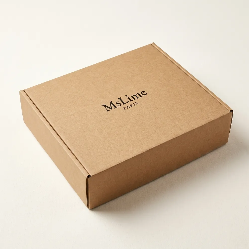 Closed recycled kraft corrugated auto-bottom mailer box with black one-color printing