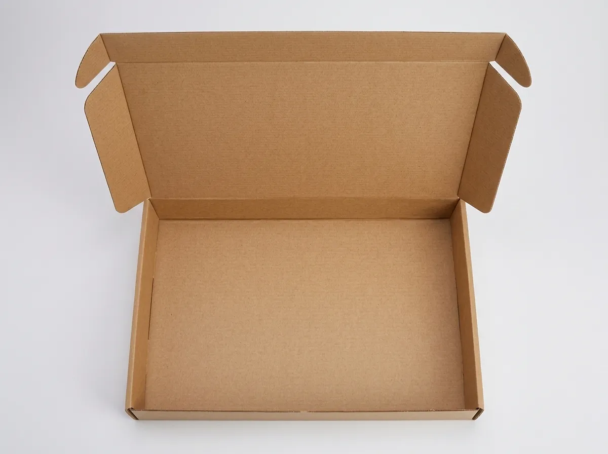Open recycled kraft corrugated mailer showing hinged lid, side flaps, walls, and plain interior