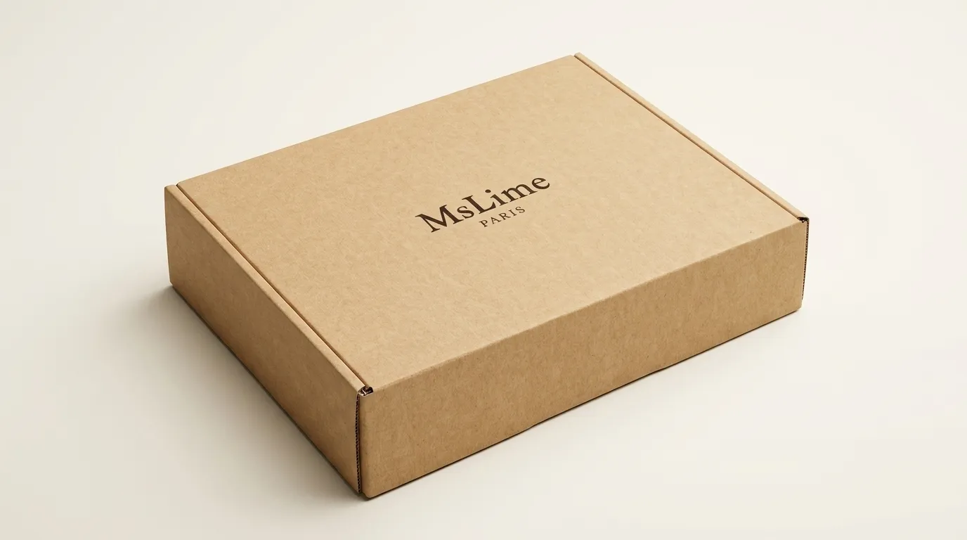 Wide studio view of a closed recycled kraft corrugated auto-bottom mailer box