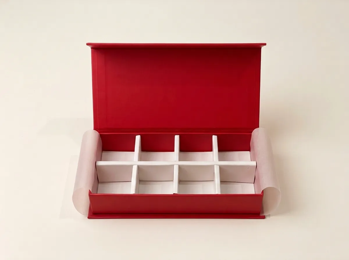 Open red magnetic chocolate gift box with white divider grid and translucent side paper