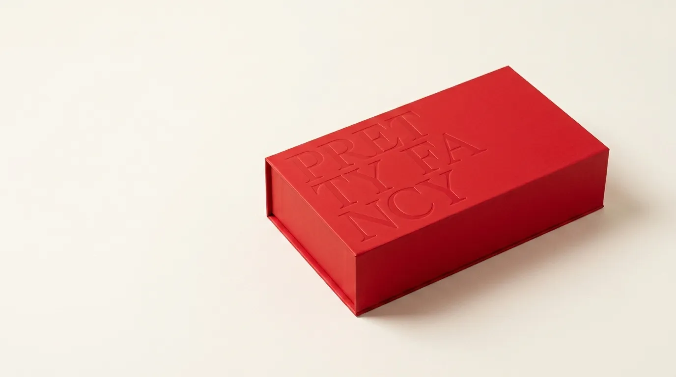 Closed red magnetic book-style chocolate gift box in a wide studio view