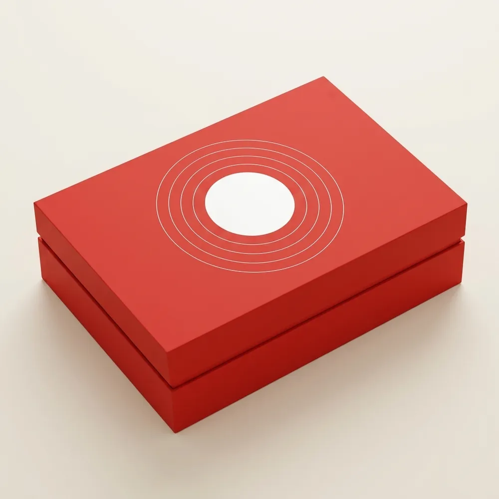 Closed red two-piece rigid corporate welcome kit box with white circular line artwork