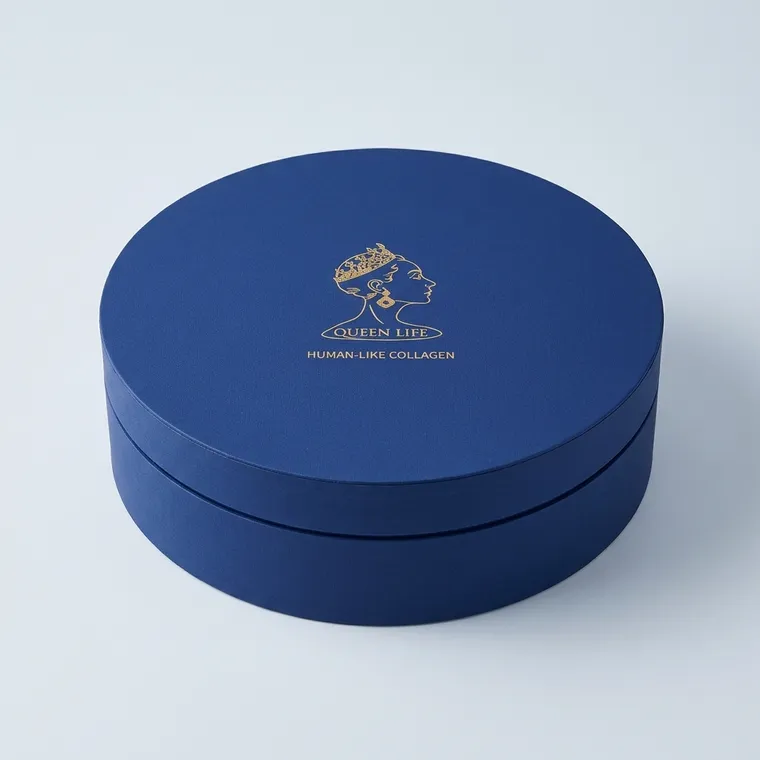 Closed deep blue round rigid PR box with gold foil lid artwork