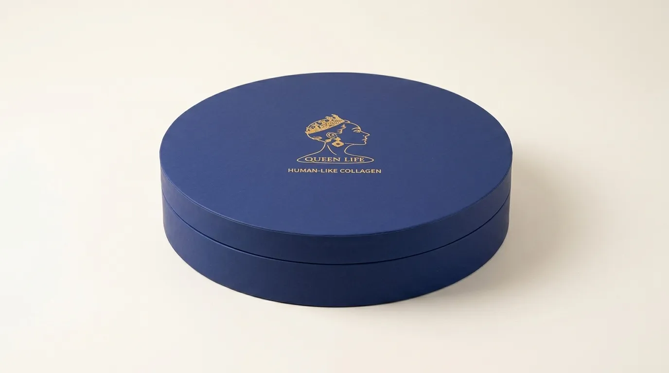 Wide studio view of a closed custom round rigid PR box with a deep blue wrapped surface and gold foil artwork