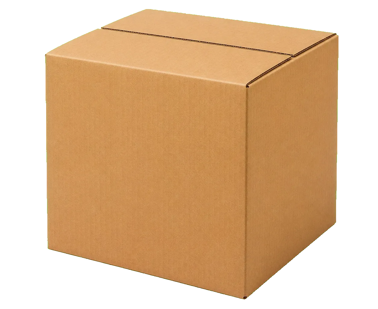 RSC corrugated shipping box closed front three-quarter view showing custom corrugated board structure and branded shipping form