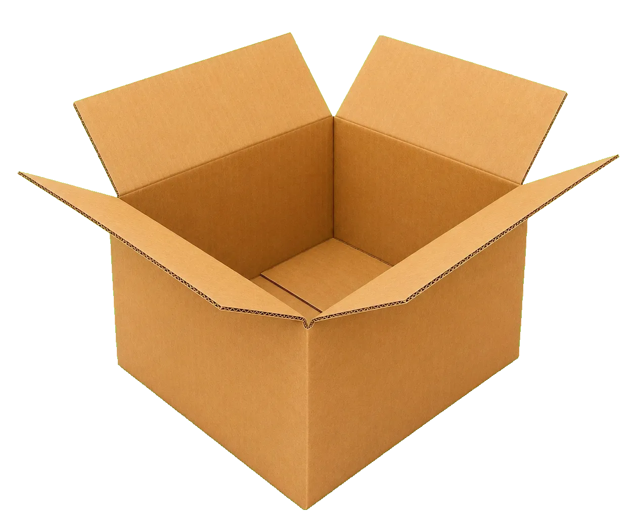 RSC corrugated shipping box open view showing interior flaps, product area, and corrugated protection structure