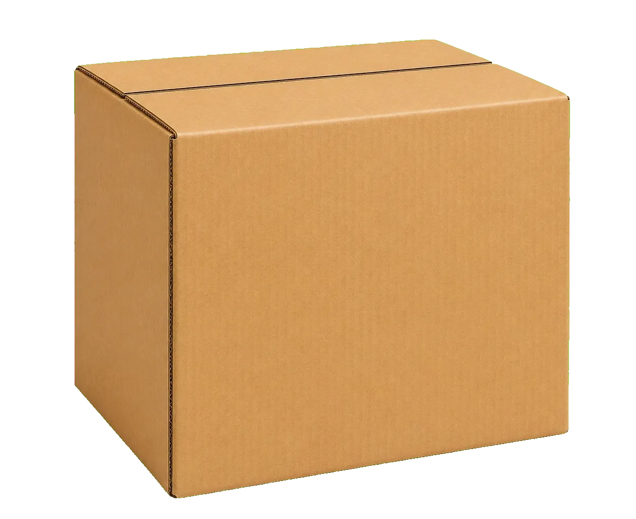 RSC corrugated shipping box side view showing board depth, flute thickness, and folded edge detail